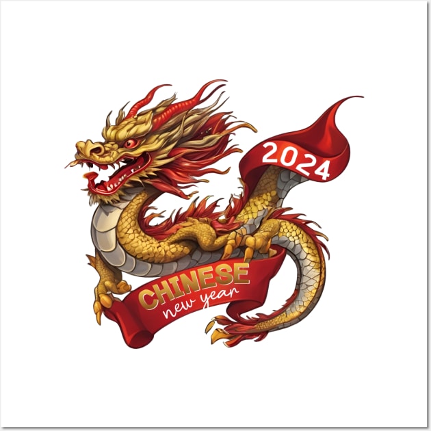 Chinese New Year Dragon: Red Gold Grey White, Realistic Vector Design Wall Art by YUED